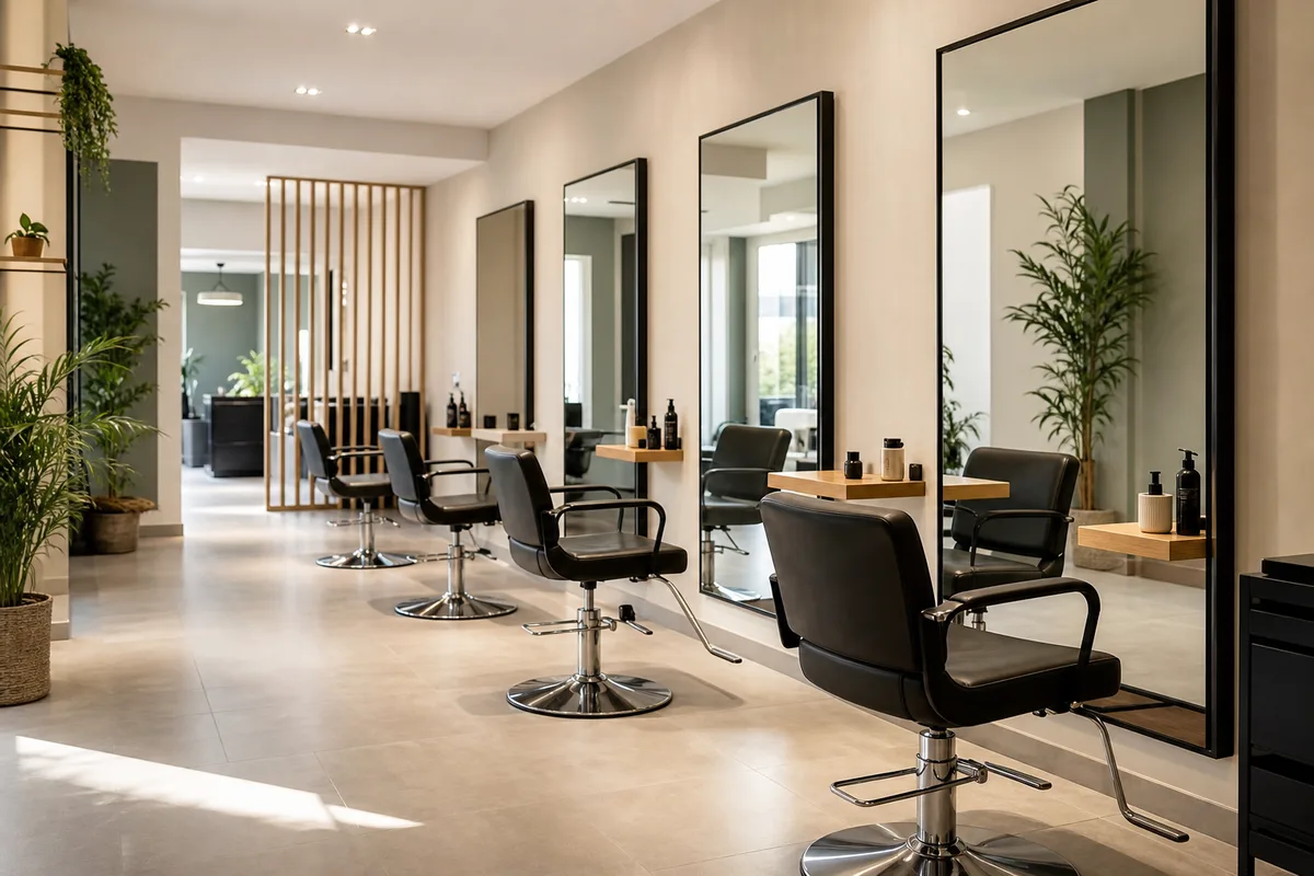 Fauteuils de salon de coiffure alignés devant de grands miroirs dans une pièce lumineuse