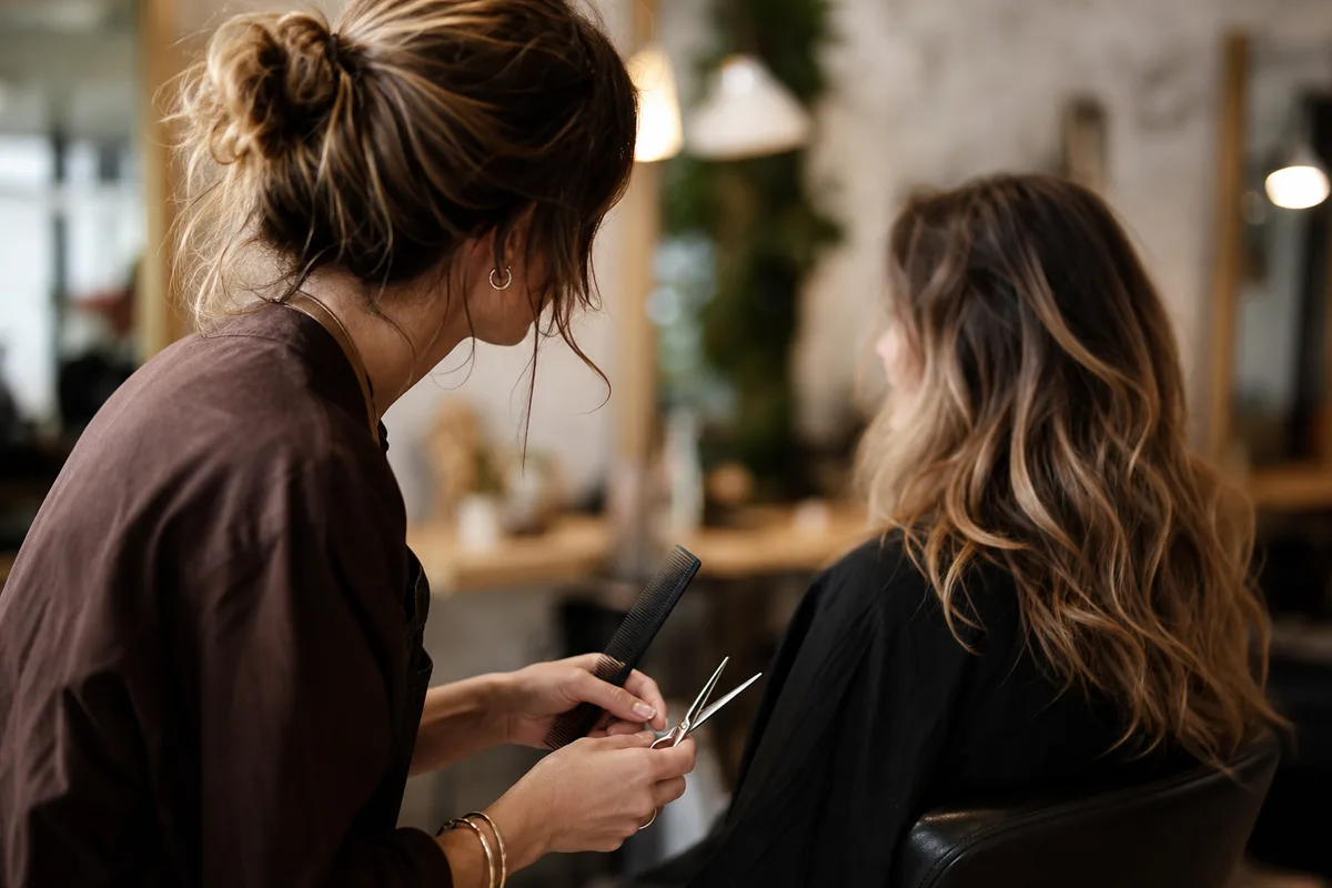 Coiffeuse échangeant avec une cliente installée dans un fauteuil de salon