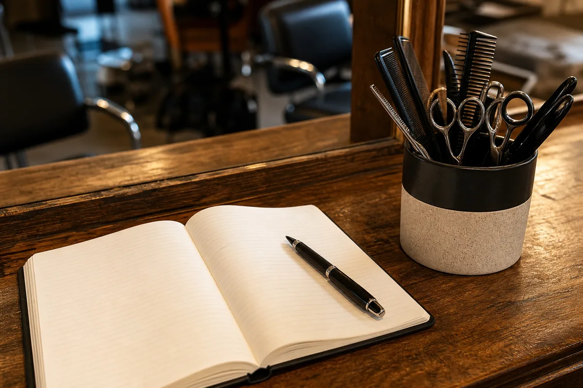 Cahier ouvert et stylo posés sur le comptoir d’un salon de coiffure près d’un pot de peignes