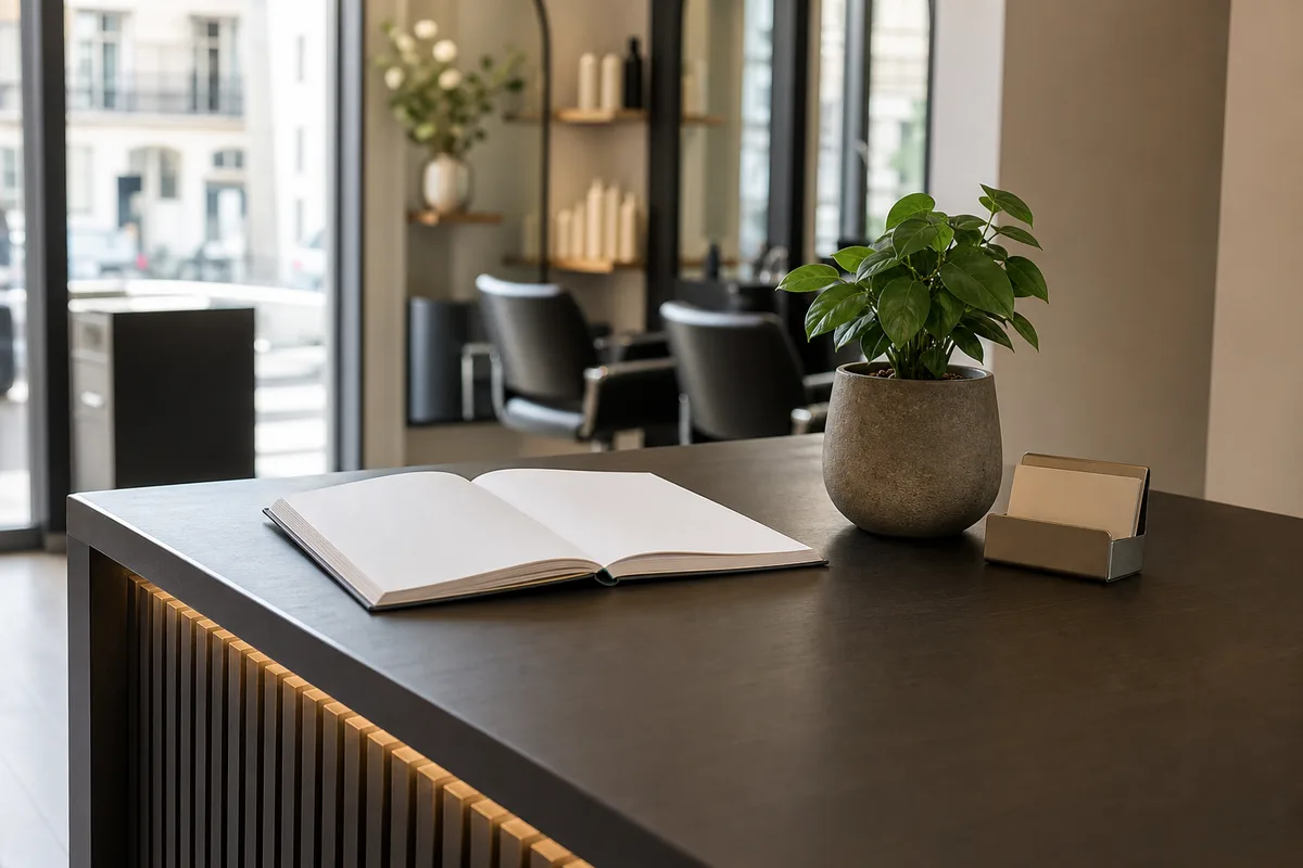 Comptoir d’accueil de salon de coiffure avec agenda de rendez-vous ouvert et plantes vertes