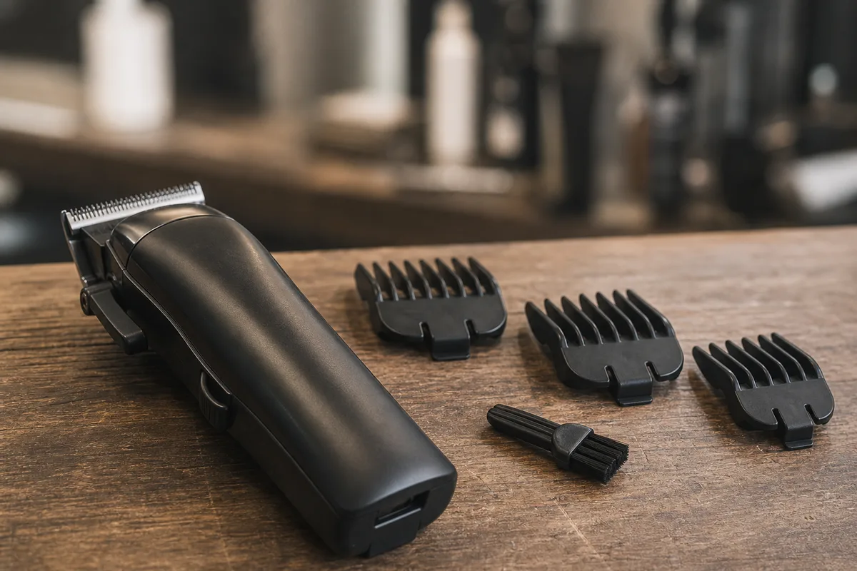 Tondeuse professionnelle et jeu de sabots posés sur un plan de travail de barbier