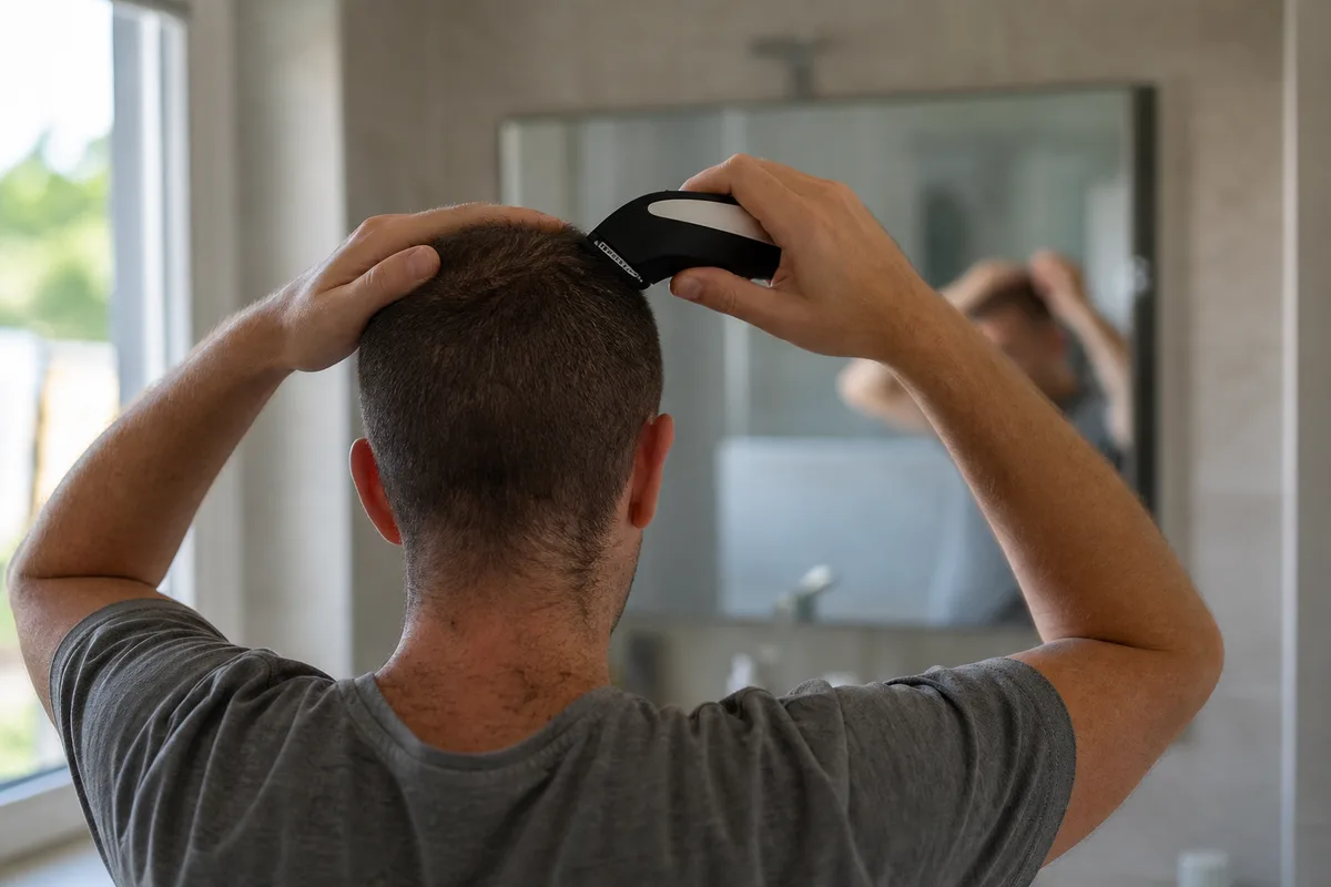 Homme se tondant les cheveux avec une tondeuse électrique devant un miroir de salle de bain