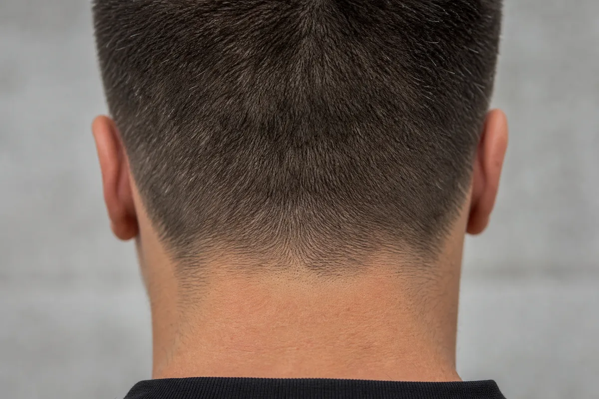 Nuque et contours d’une coupe tondue courte vus de dos en lumière naturelle