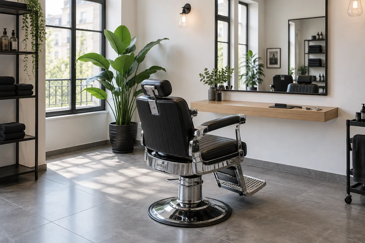 Fauteuil de barbier vide dans un salon lumineux