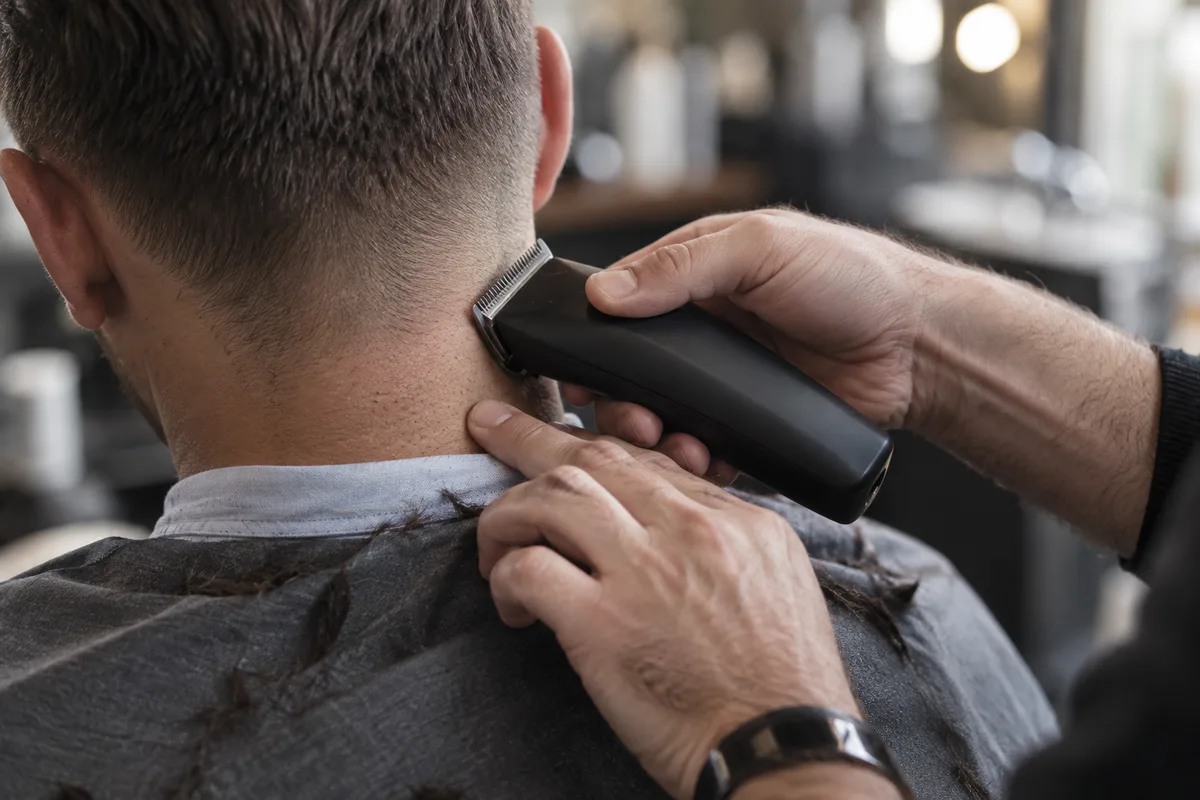 Mains d’un coiffeur passant une tondeuse noire unie sur une nuque