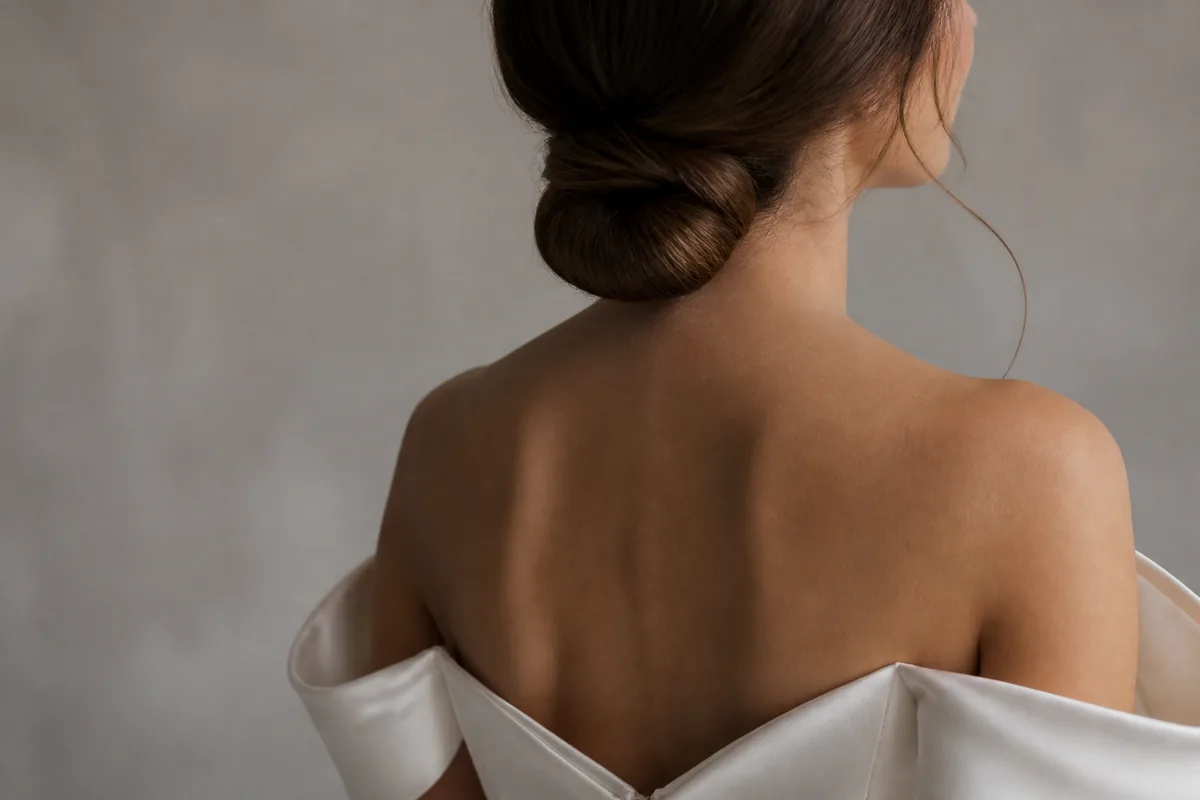 Détail d’un bustier de robe de mariée en satin et d’un chignon bas travaillé