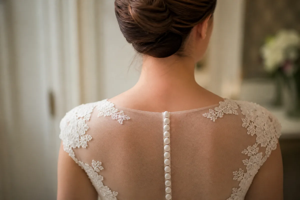 Dos d’une robe de mariée à boutons recouverts avec chignon haut dégageant la nuque