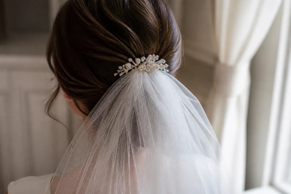 Voile de mariée en tulle fixé par un peigne perlé sur une coiffure attachée