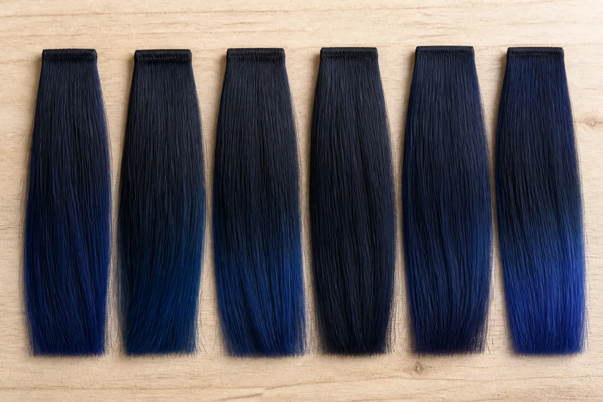 Mèches de cheveux teintes en bleu nuit posées sur un plan de travail de salon