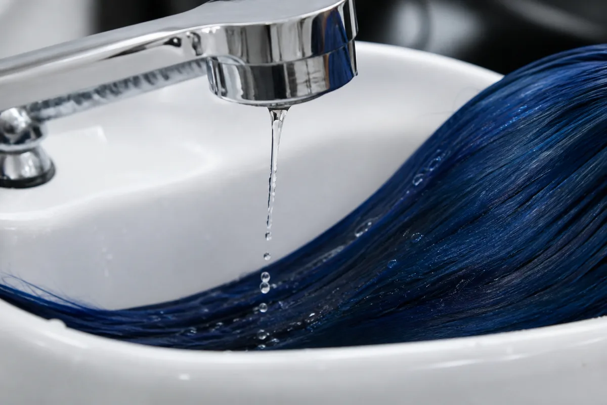 Pommeau de douche et eau qui coule sur des longueurs de cheveux colorés en bleu