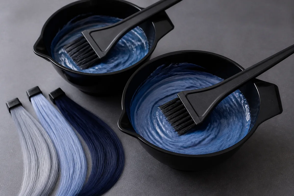 Bols de mélange et pinceaux de coloration posés près de mèches teintes en nuances froides