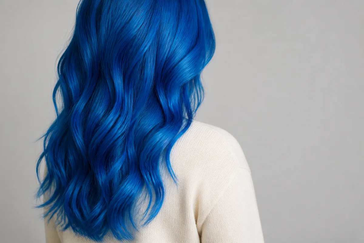 Cheveux longs colorés en bleu vif retombant sur une épaule, lumière douce de face