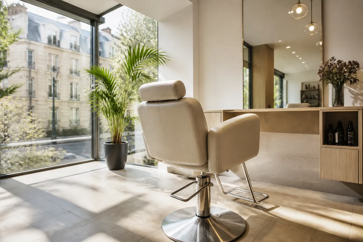 Fauteuil de salon de coiffure devant une baie vitrée lumineuse
