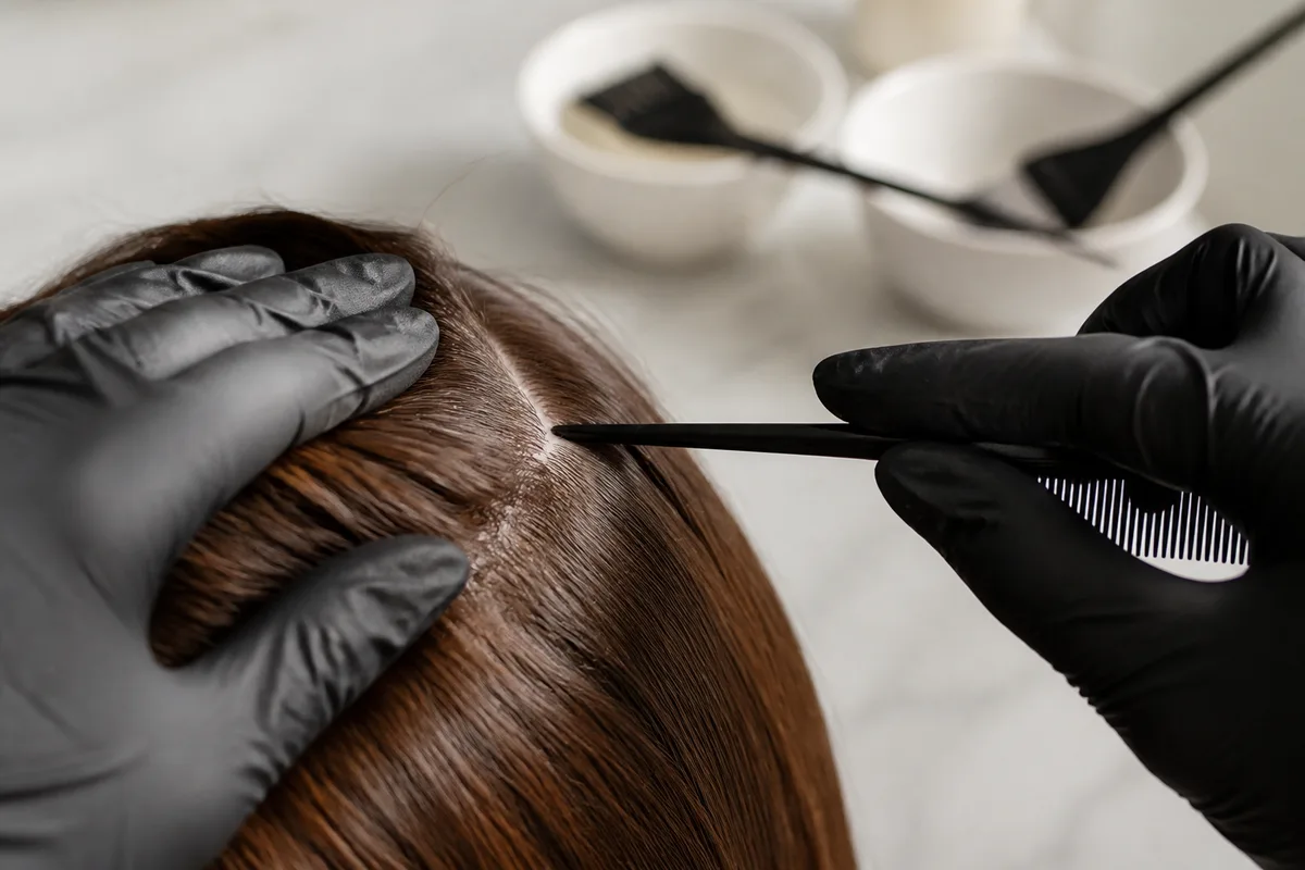 Mains gantées séparant une mèche de cheveux châtains avec un peigne fin
