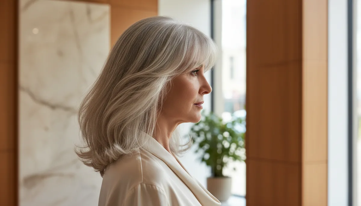 Coupe cheveux mi-long dégradé effilé avec frange à 60 ans