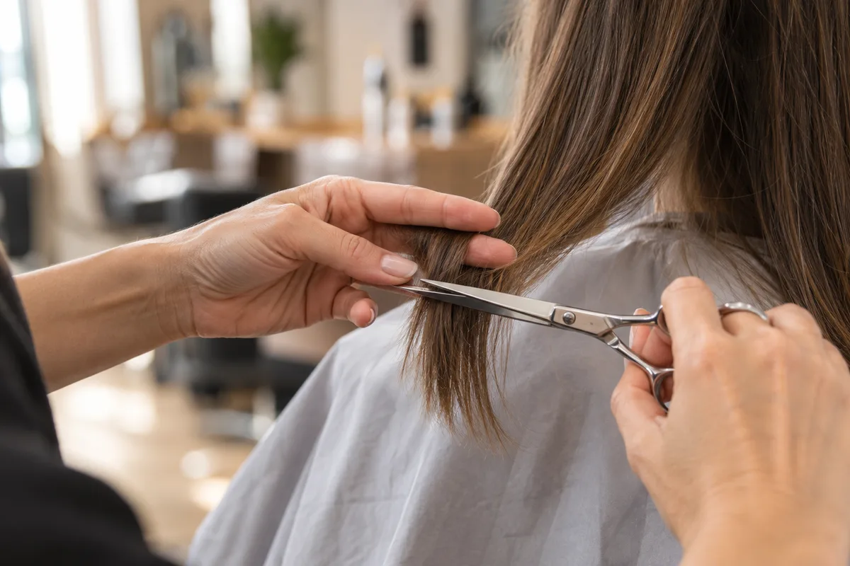 Mains d&rsquo;un coiffeur coupant les pointes d&rsquo;une longue chevelure avec des ciseaux unis