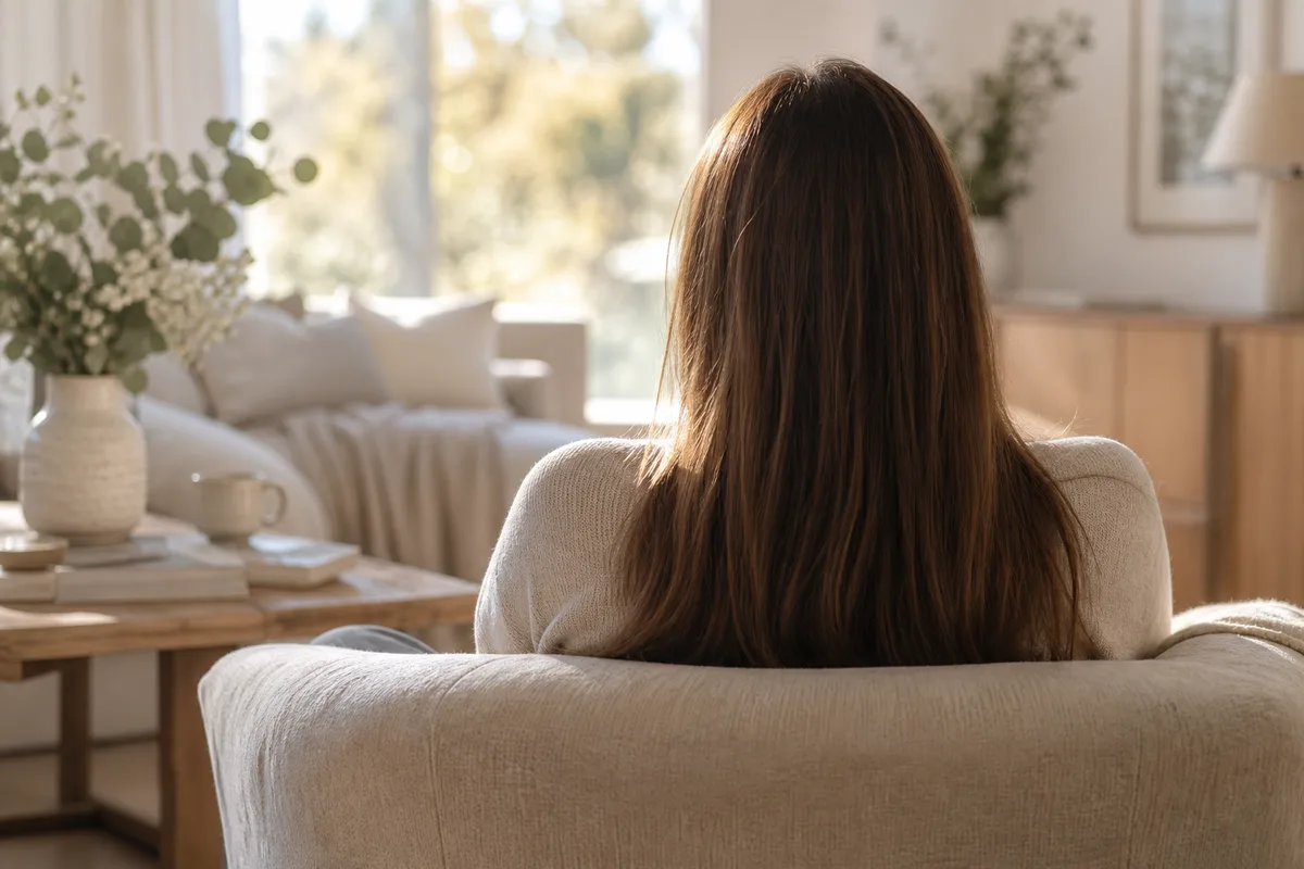 Femme vue de dos aux cheveux longs détachés, assise dans un fauteuil de salon en lumière douce