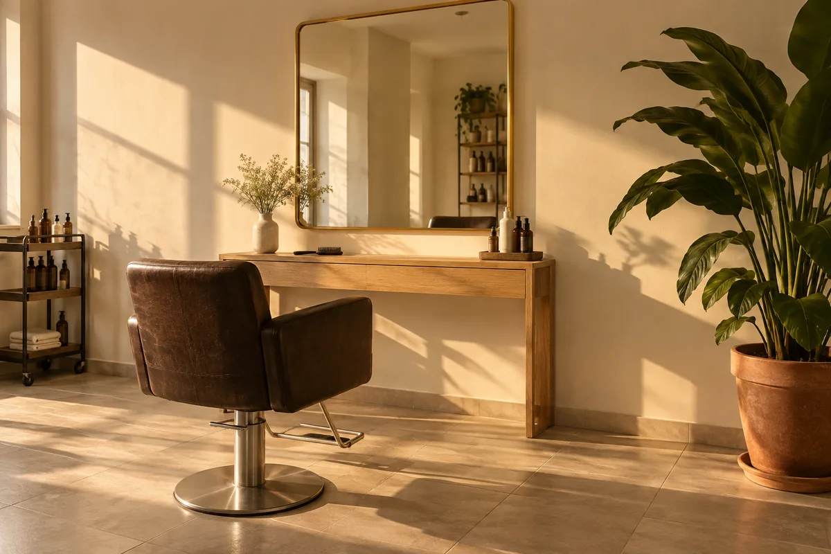 Coin de salon de coiffure vide avec miroir, plante verte et lumière de fin d&rsquo;après-midi