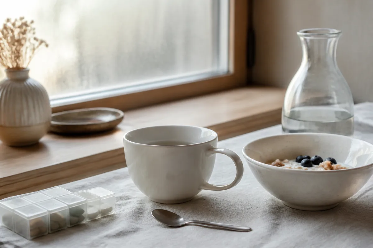 Table du petit-déjeuner près d&rsquo;une fenêtre dans un appartement lumineux, tasse et bol posés sur une nappe claire