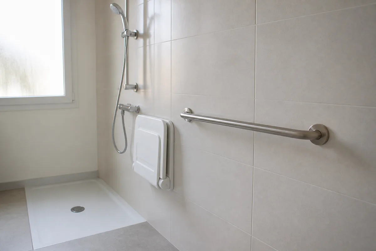 Barre d&rsquo;appui murale et siège de douche dans une salle de bain claire, carrelage antidérapant, lumière naturelle