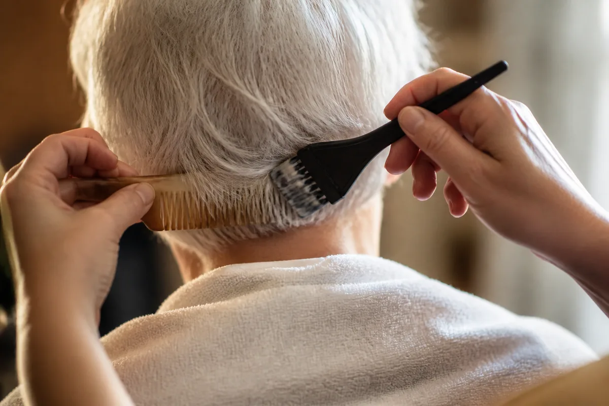 Mains d&rsquo;une coiffeuse peignant une chevelure blanche à contre-jour dans un intérieur chaleureux