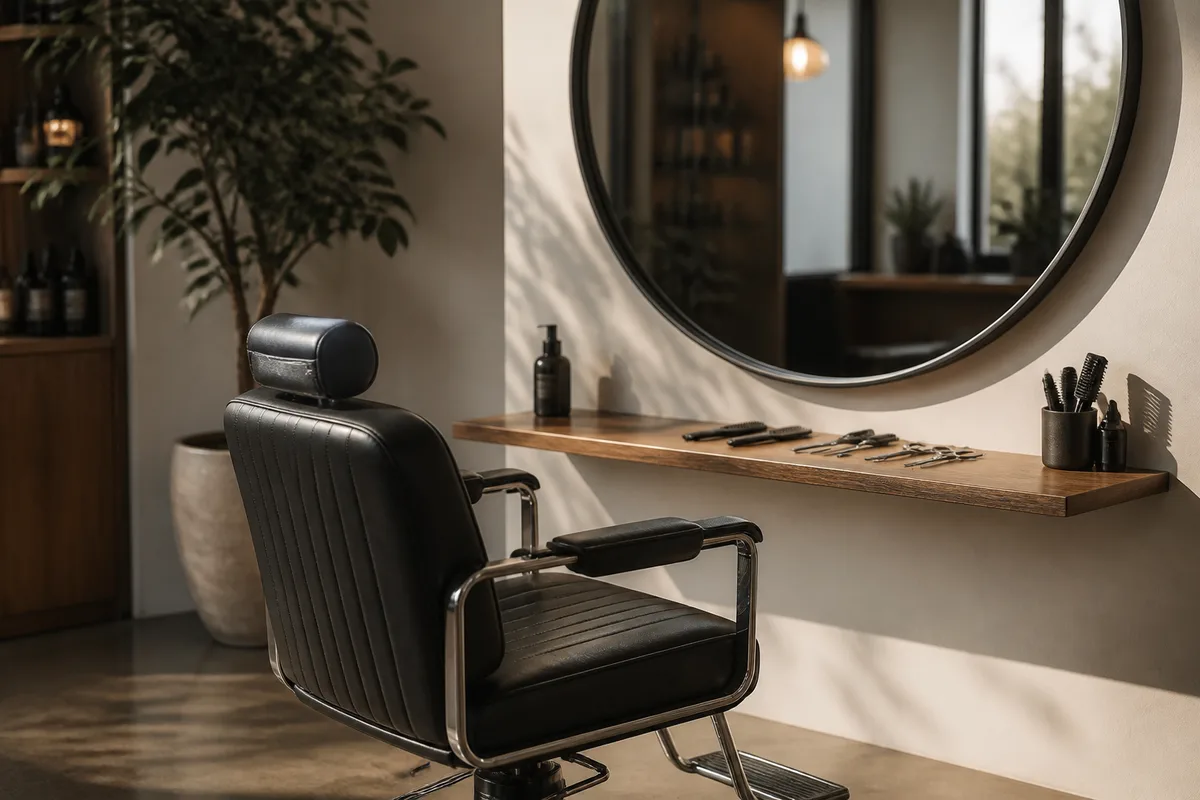 Fauteuil de salon de coiffure vide devant un miroir, lumière naturelle de fin de journée