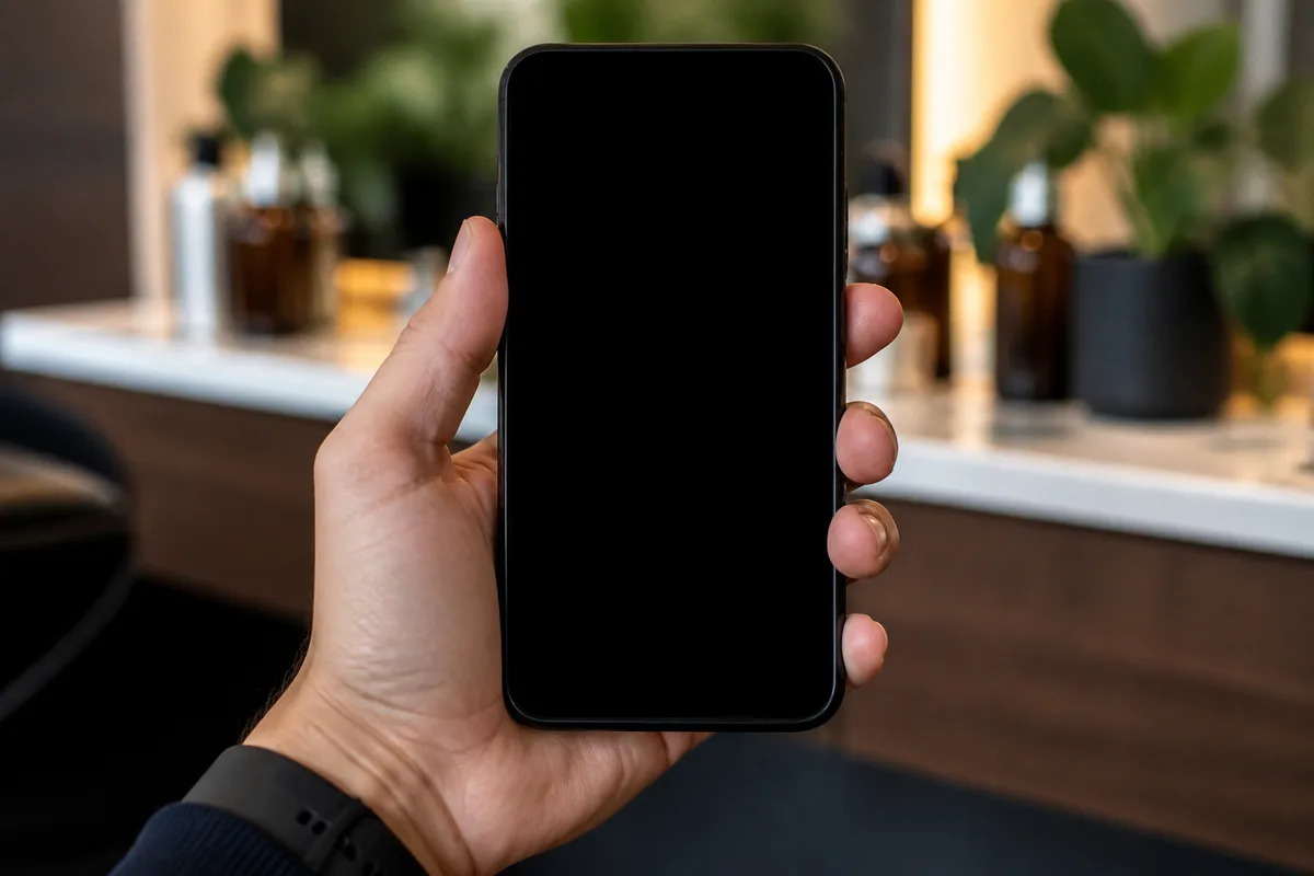 Téléphone tenu en main devant un comptoir de salon de coiffure, arrière-plan flou