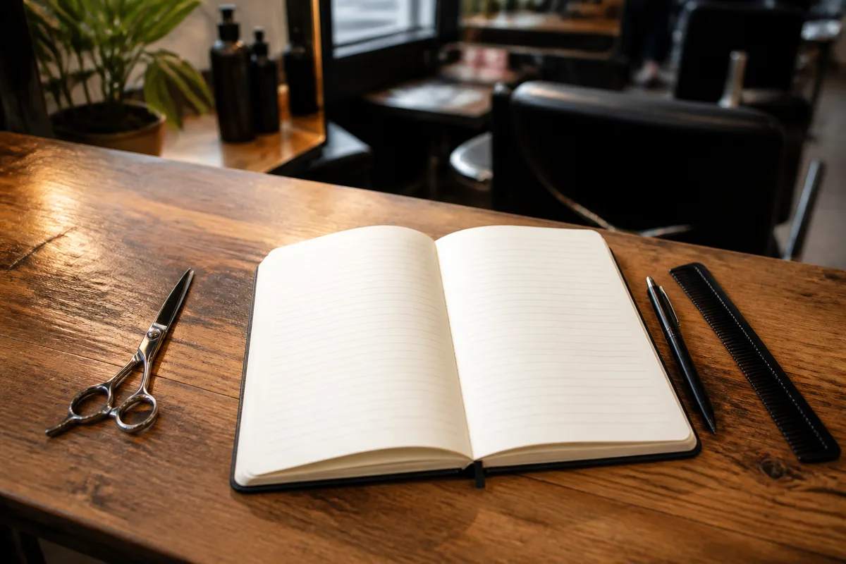Carnet ouvert aux pages lignées sur un comptoir de salon, à côté d&rsquo;une paire de ciseaux et d&rsquo;un peigne