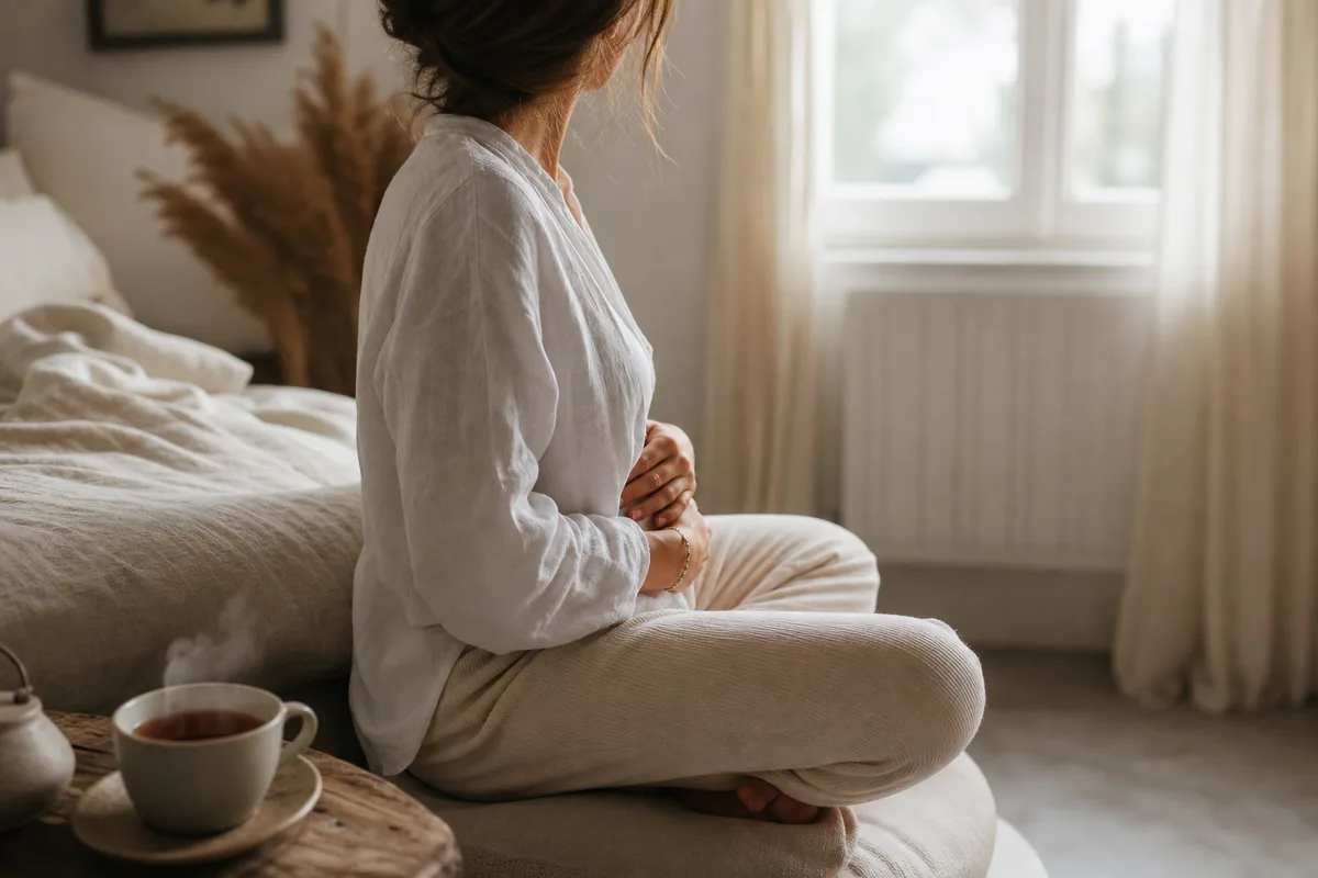 Femme pratiquant la respiration en cohérence cardiaque assise au lever du jour près d’une fenêtre