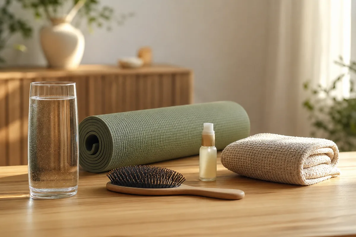 Table du matin avec verre d’eau, tapis de yoga roulé et accessoires de soin dans une lumière douce