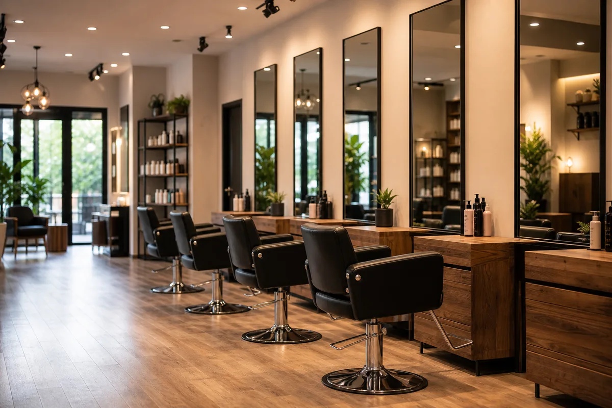 Salon de coiffure lumineux avec fauteuils et miroirs, ambiance chaleureuse