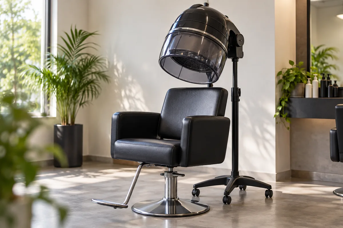 Casque chauffant de salon abaissé au-dessus d&rsquo;un fauteuil vide, lumière naturelle