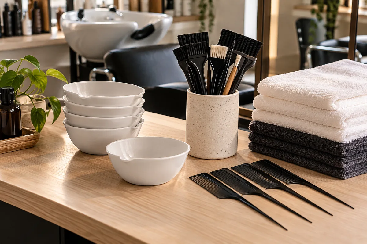 Plan de travail de salon avec bols de soin propres, peignes et serviettes pliées